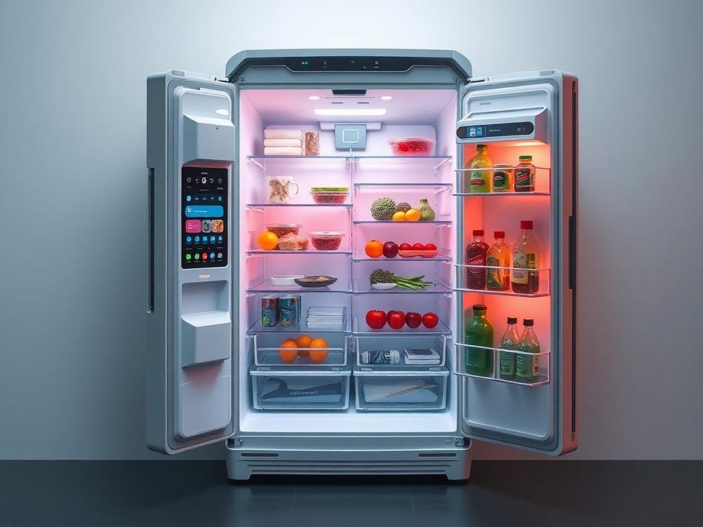Futuristic smart refrigerator with touchscreen interface, open door showing organized shelves and labeled food items, tech-inspired ambient lighting.фото