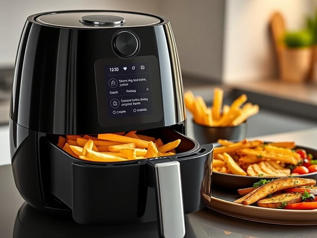 Sleek smart air fryer with voice control, digital display showing cooking options, placed next to crispy fries and grilled vegetables, modern kitchen setting.фото