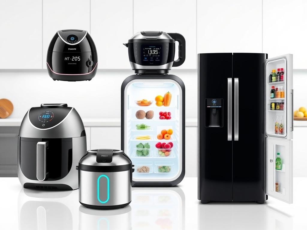 Set of 5 futuristic kitchen gadgets for smart cooking in 2025, including air fryer, multi-cooker, fridge, and pantry organizer, in bright tech-style layout.фото