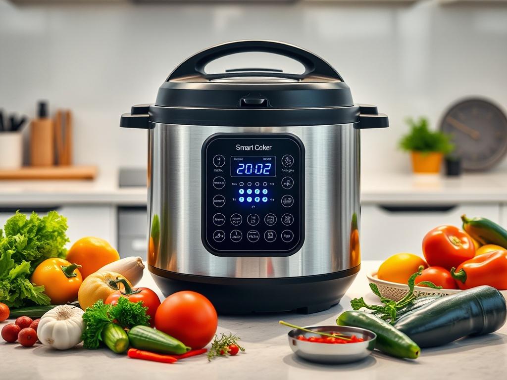 Modern smart multi-cooker on a kitchen countertop with glowing LED screen, surrounded by fresh vegetables and spices, clean tech-style background.фото